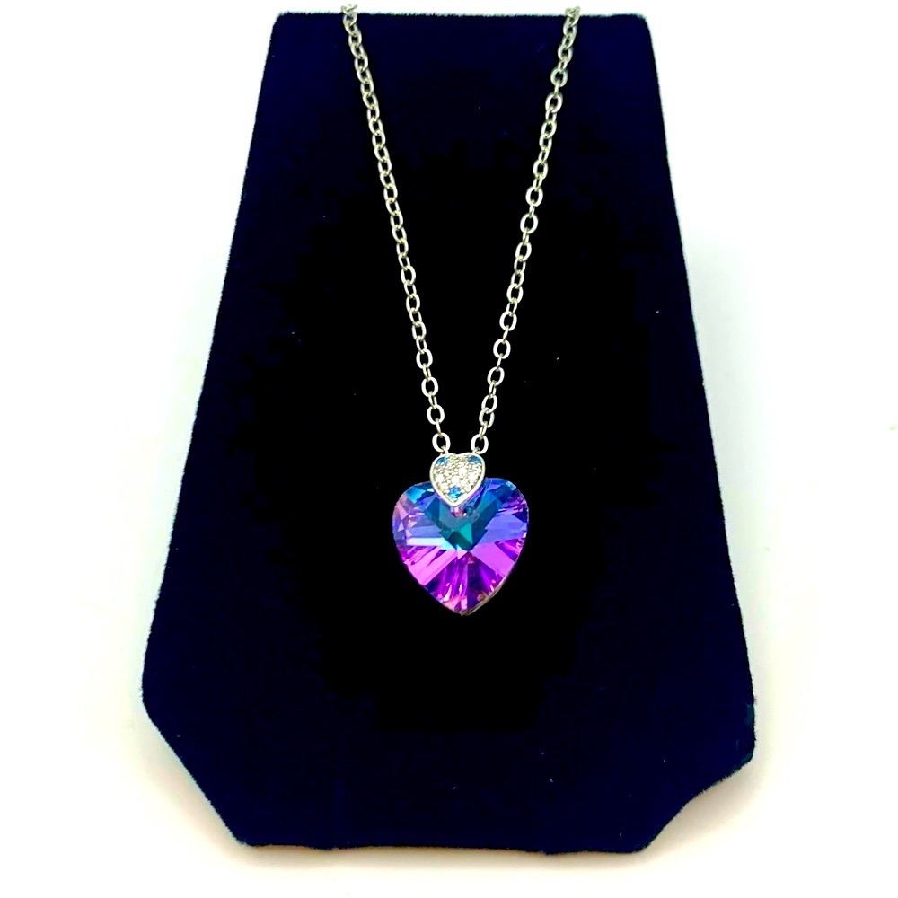 Heart Blue & Purple AB Iridescent Crystal Valentine Necklace With Lobster Clasp